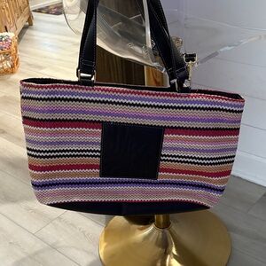 Steve Madden Striped Multicolor Woven Tote Bag with Black Trim